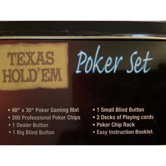 Casino Style Texas Hold’Em Poker Set New in tin, cards, chips, instructions, mat - Picture 4 of 7